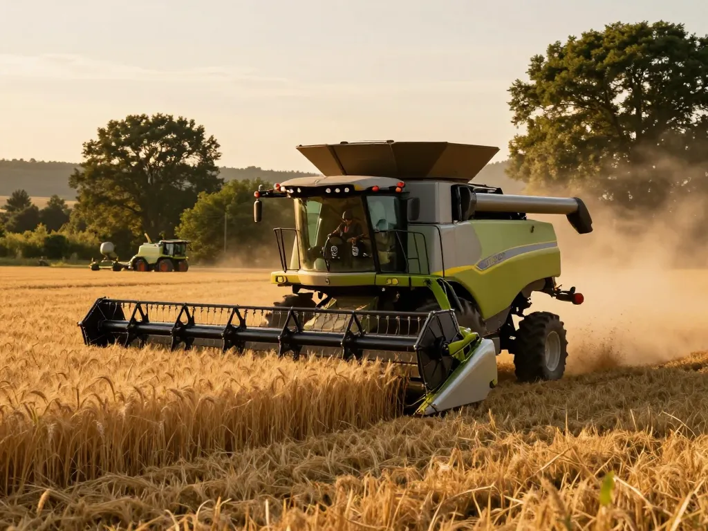 New Holland TR88 combine harvester working in golden wheat fields during sunset.