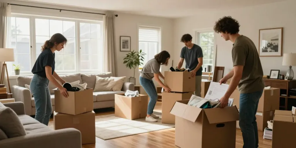 House Clearance Edinburgh with professionals packing personal belongings in a bright modern living room