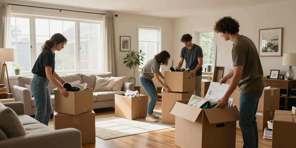 House Clearance Edinburgh with professionals packing personal belongings in a bright modern living room