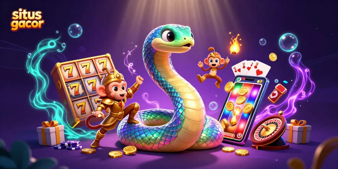 Play slots with situs gacor featuring a vibrant scene of a rainbow serpent and monkey king amid dazzling casino elements.