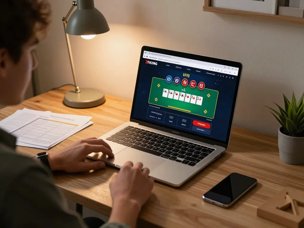 Experience strategic online gaming at 79KING with a focused player at a cozy desk, highlighting blackjack excitement.