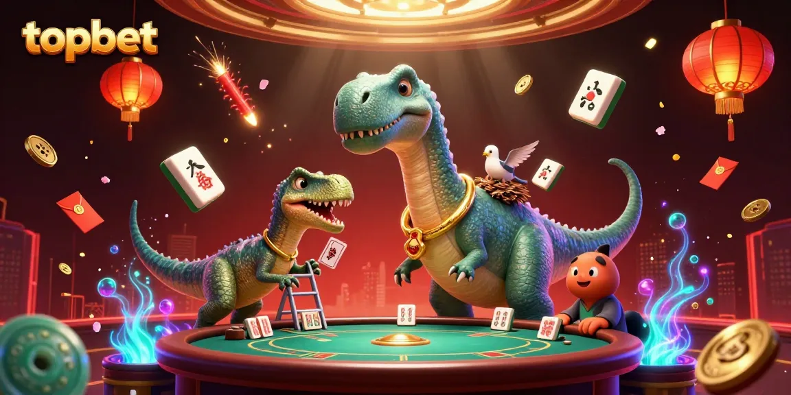 Topbet illustration with a colorful casino scene featuring a brontosaurus, clever raptor, and vibrant elements