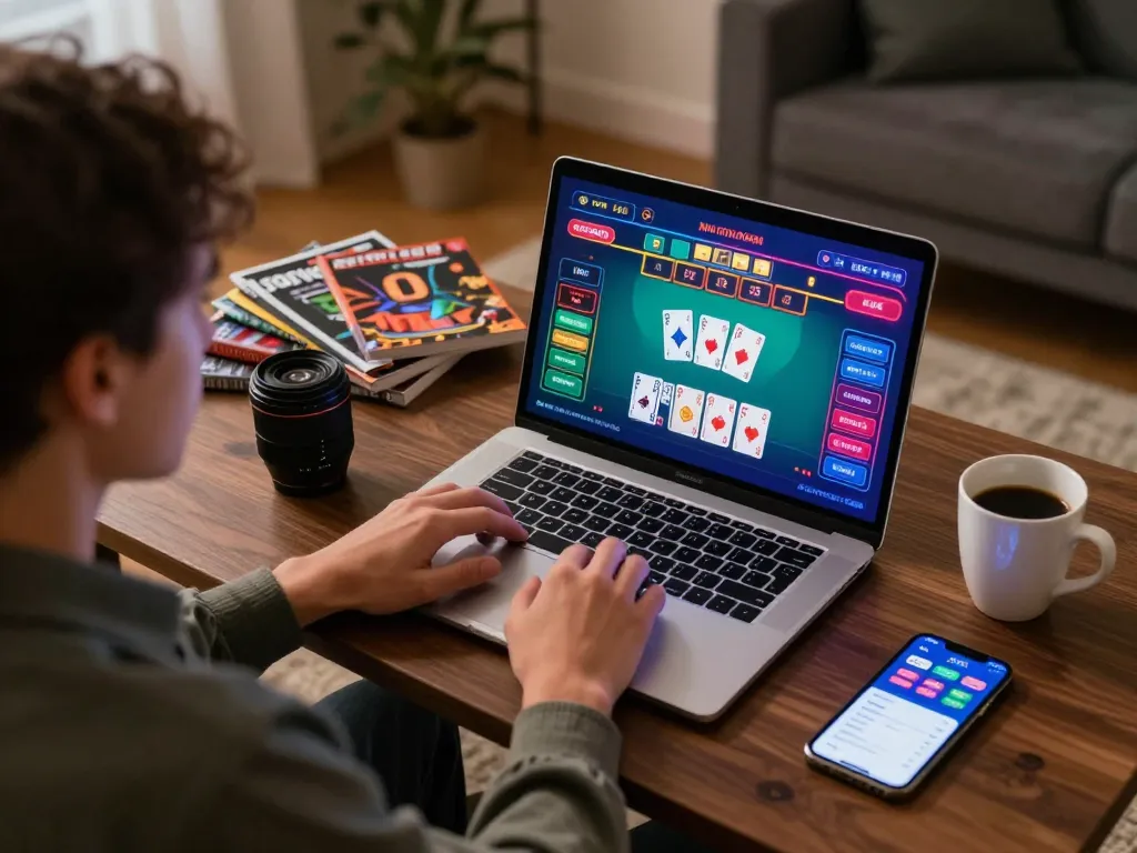Engaged player using laptop for xx88 baccarat game with strategy notes nearby