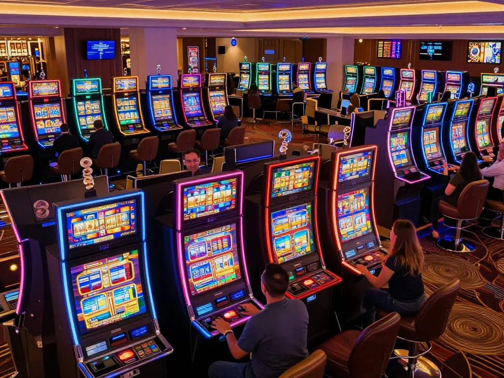 KONG88 players enjoying vibrant slot machines at a lively casino floor, showcasing excitement and engagement