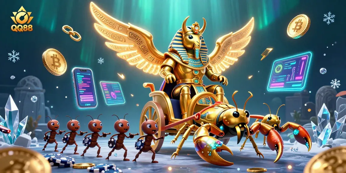 Experience QQ88 gaming with a golden beetle hero, scorpions, and poker chip ant soldiers in a vibrant 3D casino illustration.