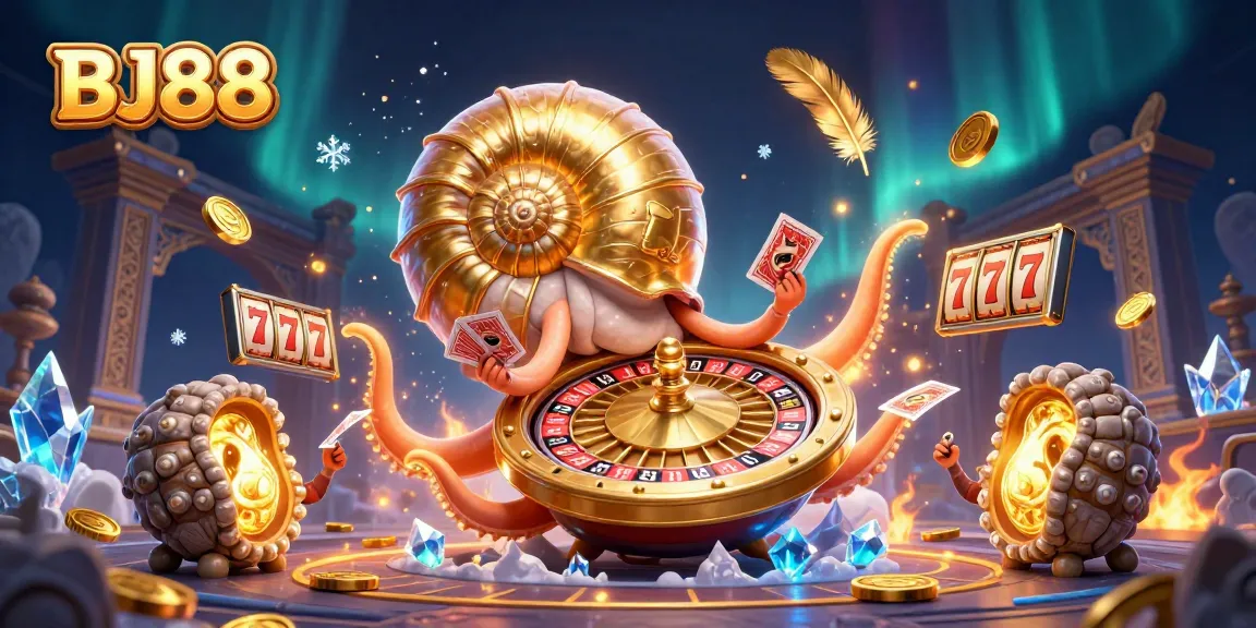 Engage with BJ88 in vibrant 3D art showcasing sophisticated casino elements and golden treasures.