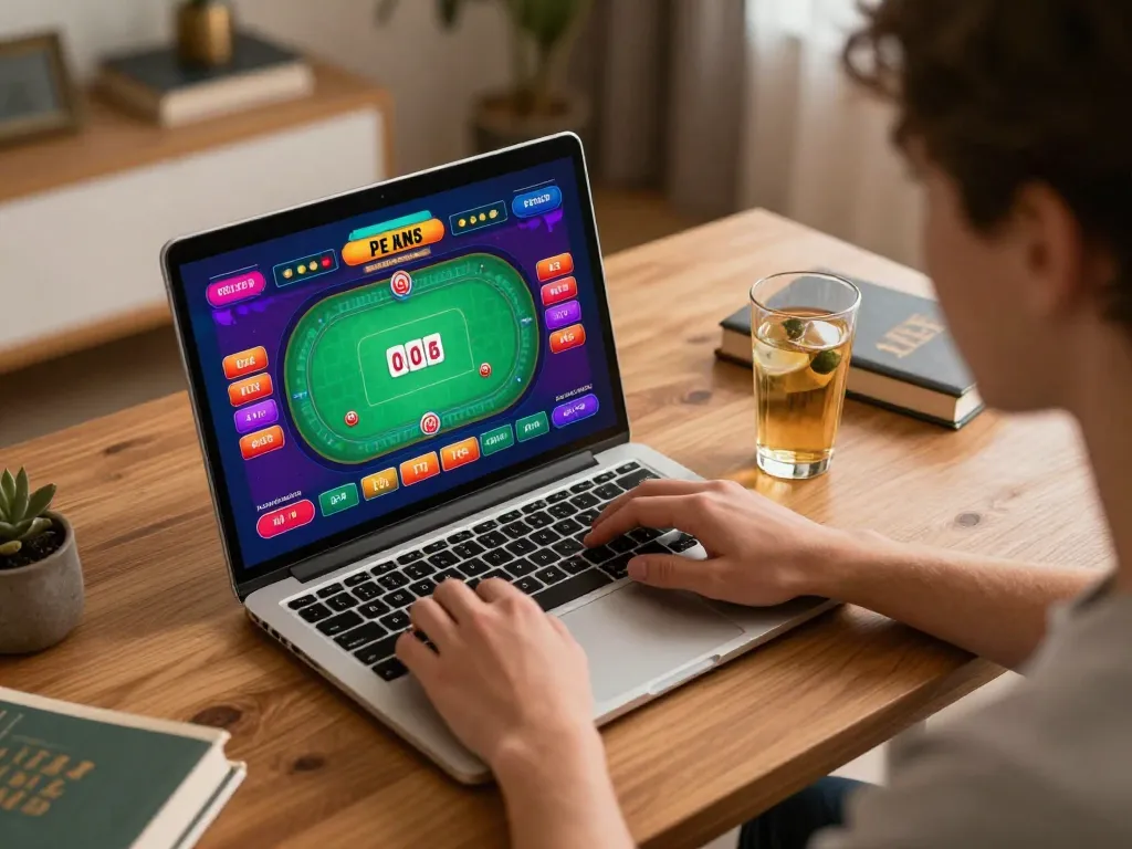Engaging user playing Sin88 online poker on a laptop at home, highlighting responsible gaming.