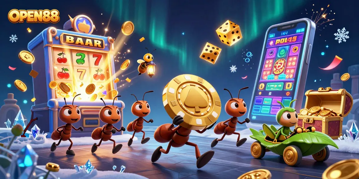 Experience thrilling gaming adventures with OPEN88 as animated ants heist golden poker chips amid vibrant casino excitement.