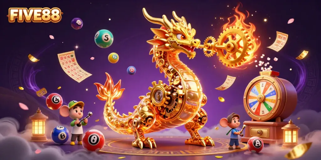 Experience thrilling gaming with the FIVE88 dragon breathing golden gears amidst dynamic casino elements.