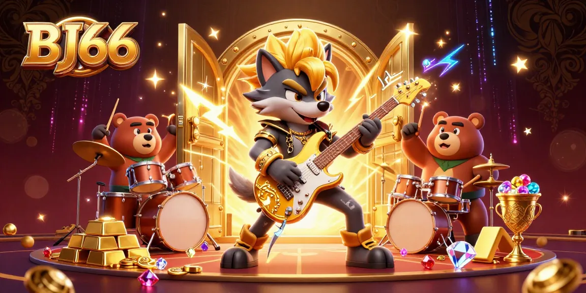 Experience excitement at BJ66 with a dynamic 3D casino illustration featuring a rock star wolf and treasures.