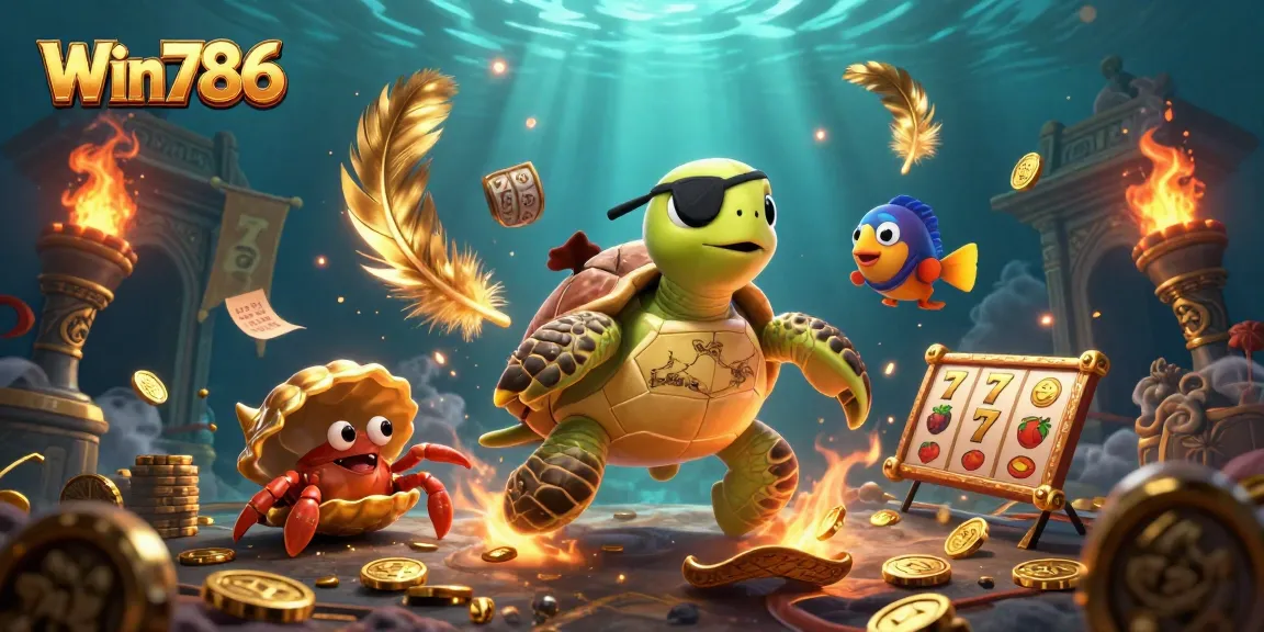 Win786 captivates players with a vibrant underwater scene of a turtle, crab, and fish amidst casino symbols.