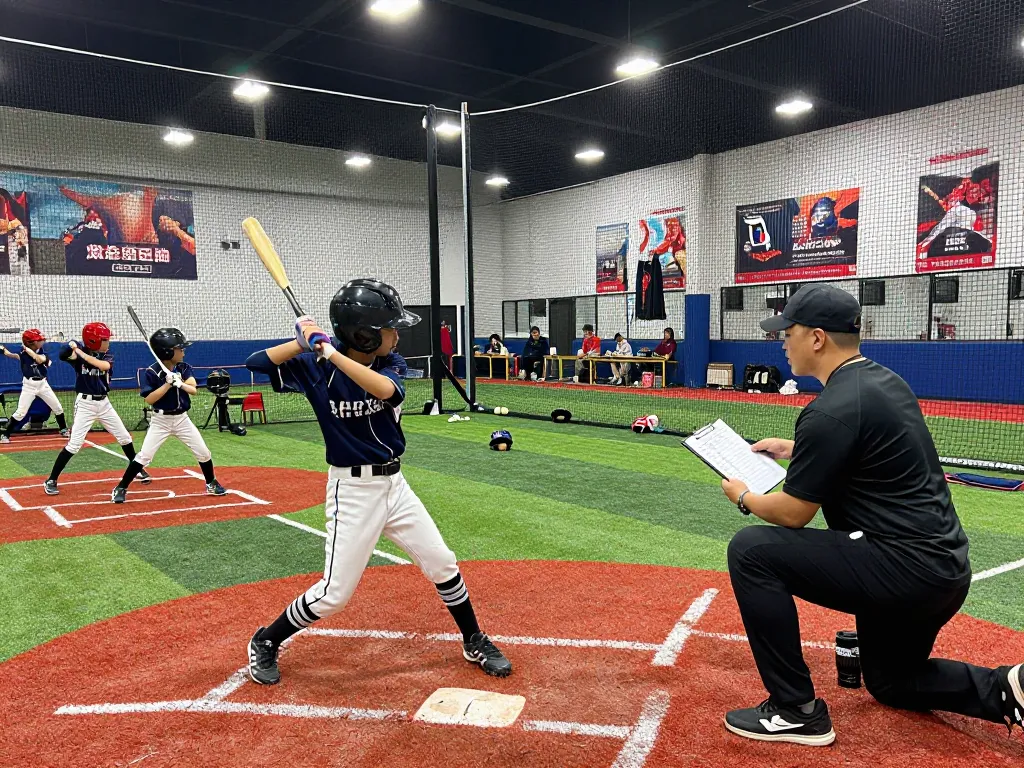 Youth athletes training at Hitclub baseball facility, focusing on hitting skills under bright lights.