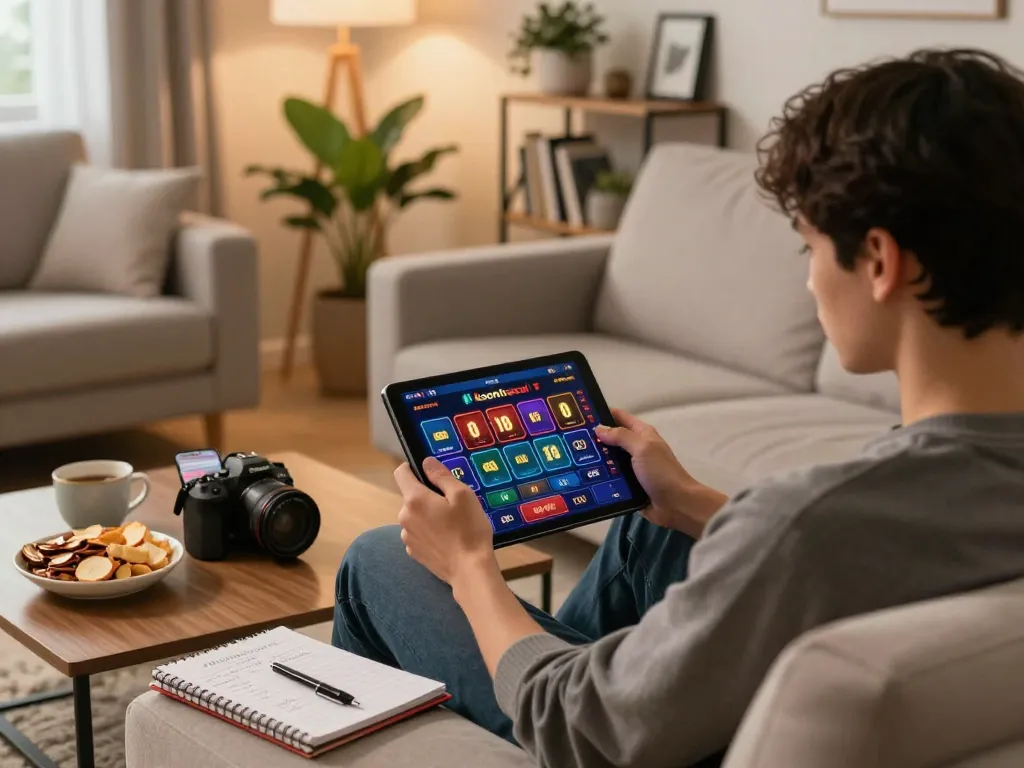 Betting on keonhacai through a tablet in a cozy home environment, featuring strategic notes for successful gambling.