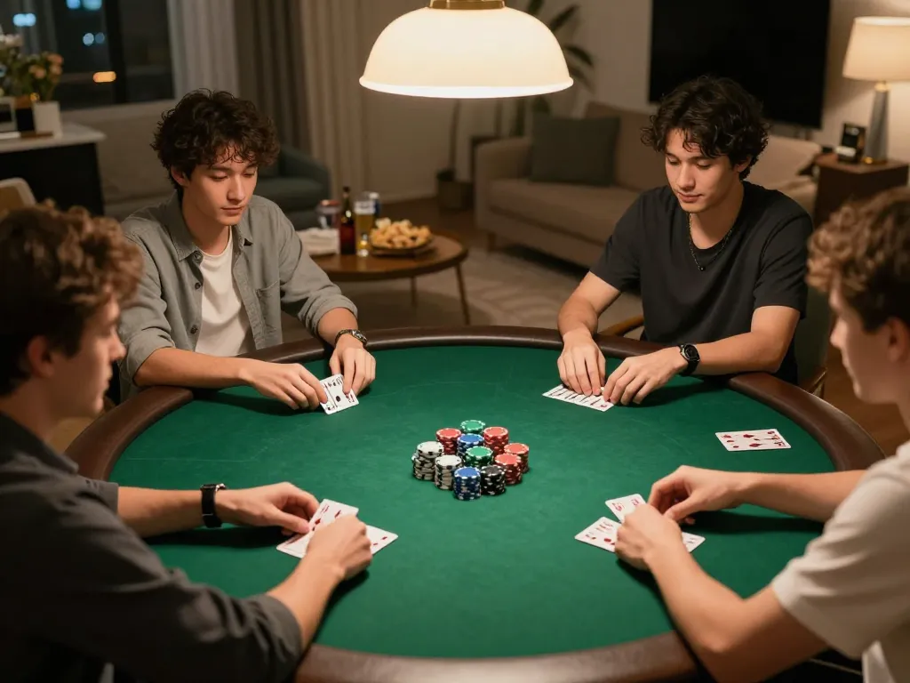 Friends enjoying a thrilling poker game night at home featuring MM88 chip stacks and winning cards.