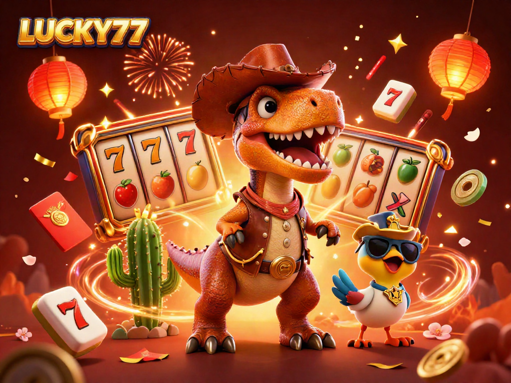 Spin the reels with LUCKY77 featuring a cowboy T-Rex and casino symbols for thrilling wins.