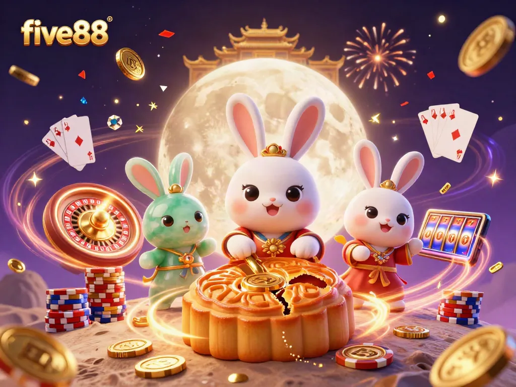 Experience the thrill of five88 with a vibrant casino scene featuring a moon rabbit and magical elements.