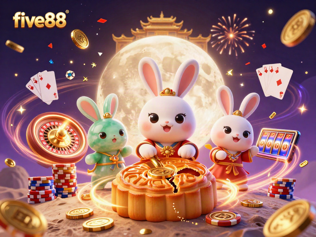 Experience the thrill of five88 with a vibrant casino scene featuring a moon rabbit and magical elements.