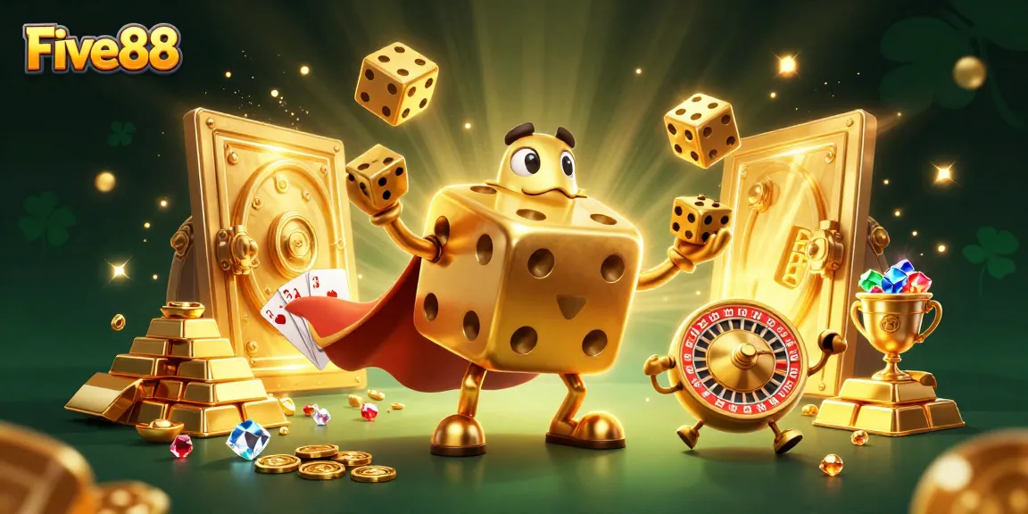 Experience the thrill of Five88 casino gaming with this vibrant 3D illustration featuring golden dice, treasures, and excitement.