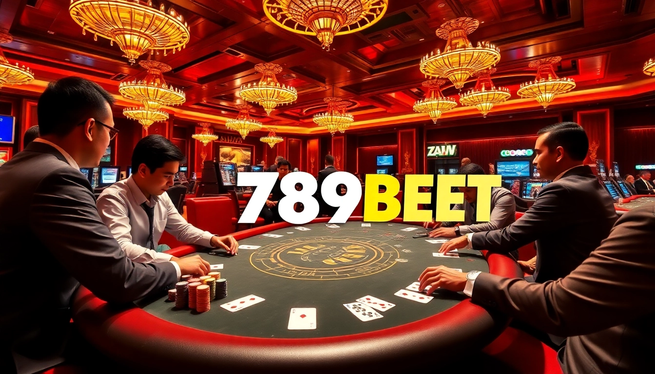 Experience the excitement of 789BET with a high-stakes poker game at a luxurious casino table.