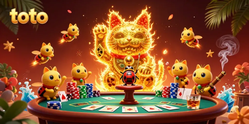 Engage with a thrilling scene of toto's lucky cat amidst a vibrant casino atmosphere filled with poker excitement.