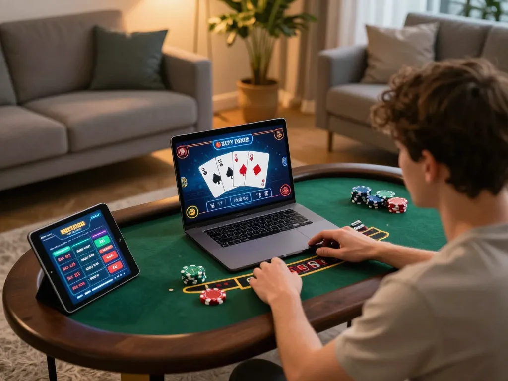 FLY88 player engages in online poker strategy during a cozy gaming session at home.