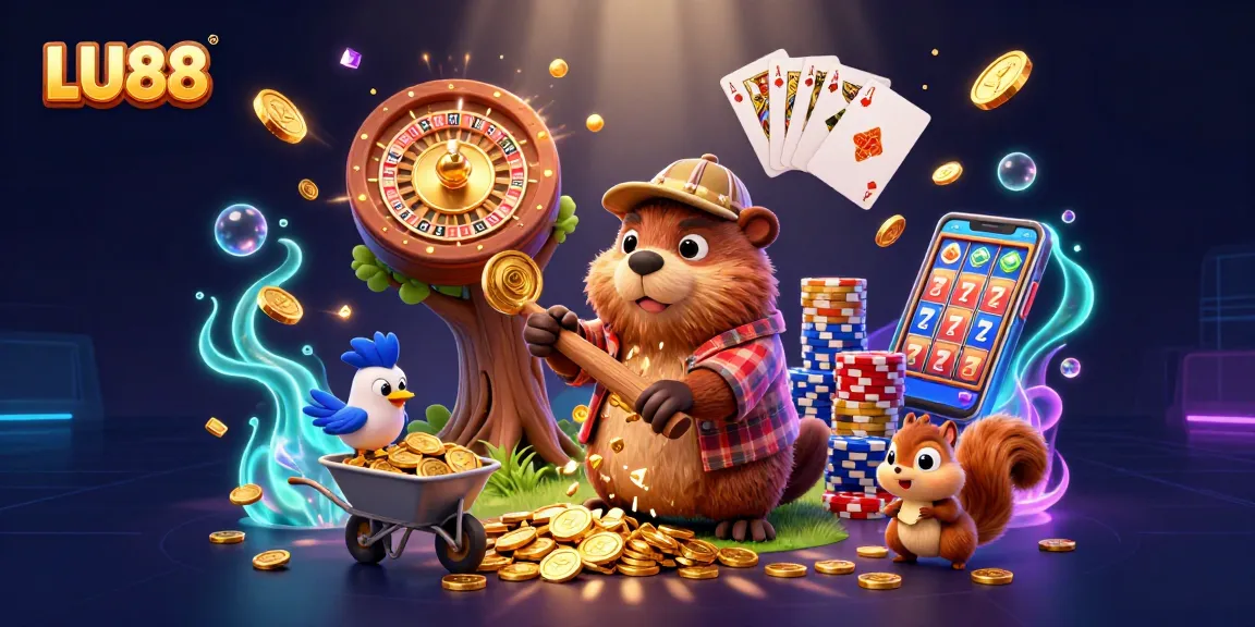 LU88 cartoon adventure with a beaver, bird, and squirrel collecting golden coins and gems in a vibrant casino scene.