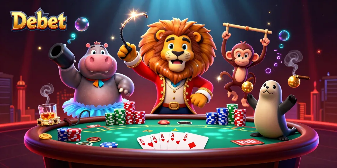 Engaging scene of Debet with a lion ringmaster, showcasing a vibrant casino atmosphere.