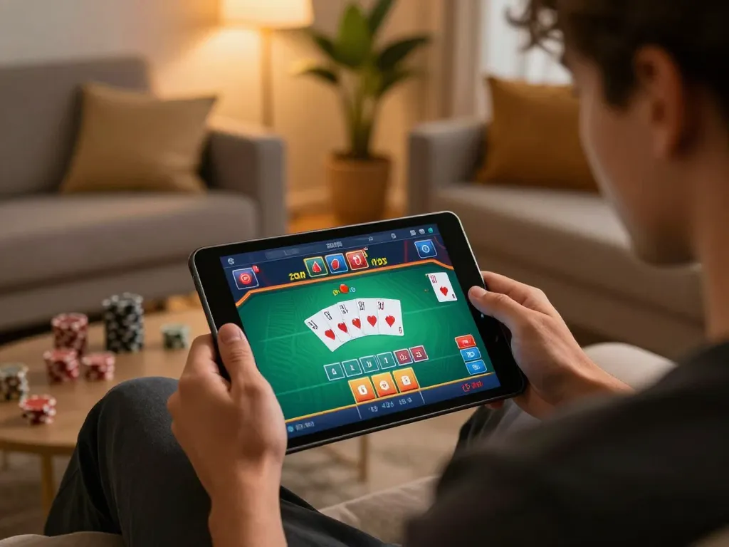Engaging in online casino gaming with nk88 app on tablet in a cozy living room atmosphere