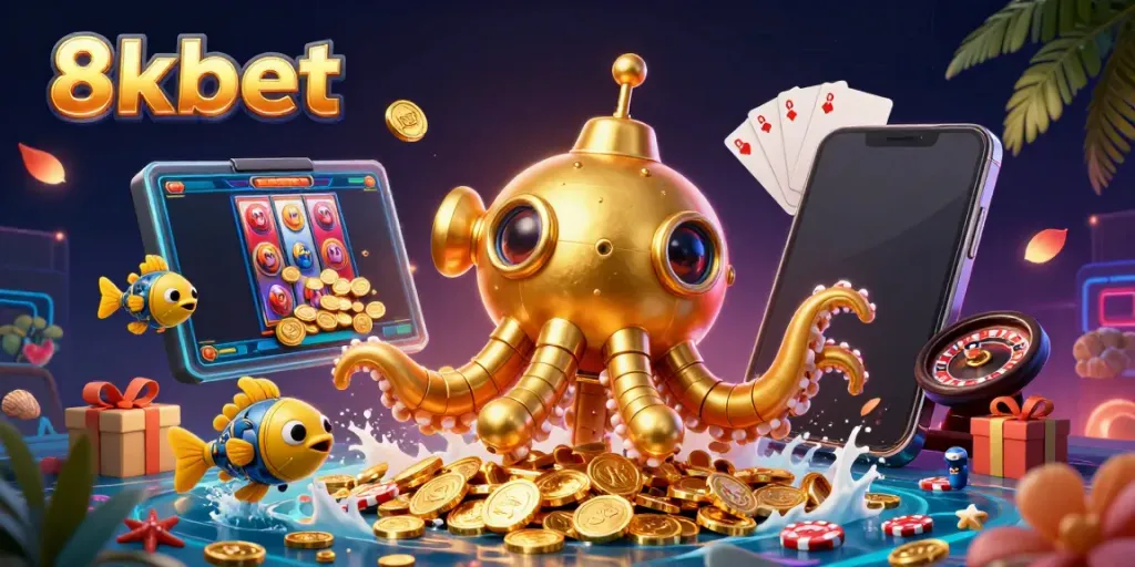 Experience thrilling adventures with 8xbet as golden kraken swirls through piles of coins in a dynamic casino scene