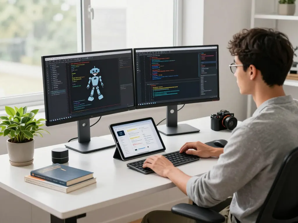 Developer optimizing clawbot functionalities in a bright tech workspace with dual monitors