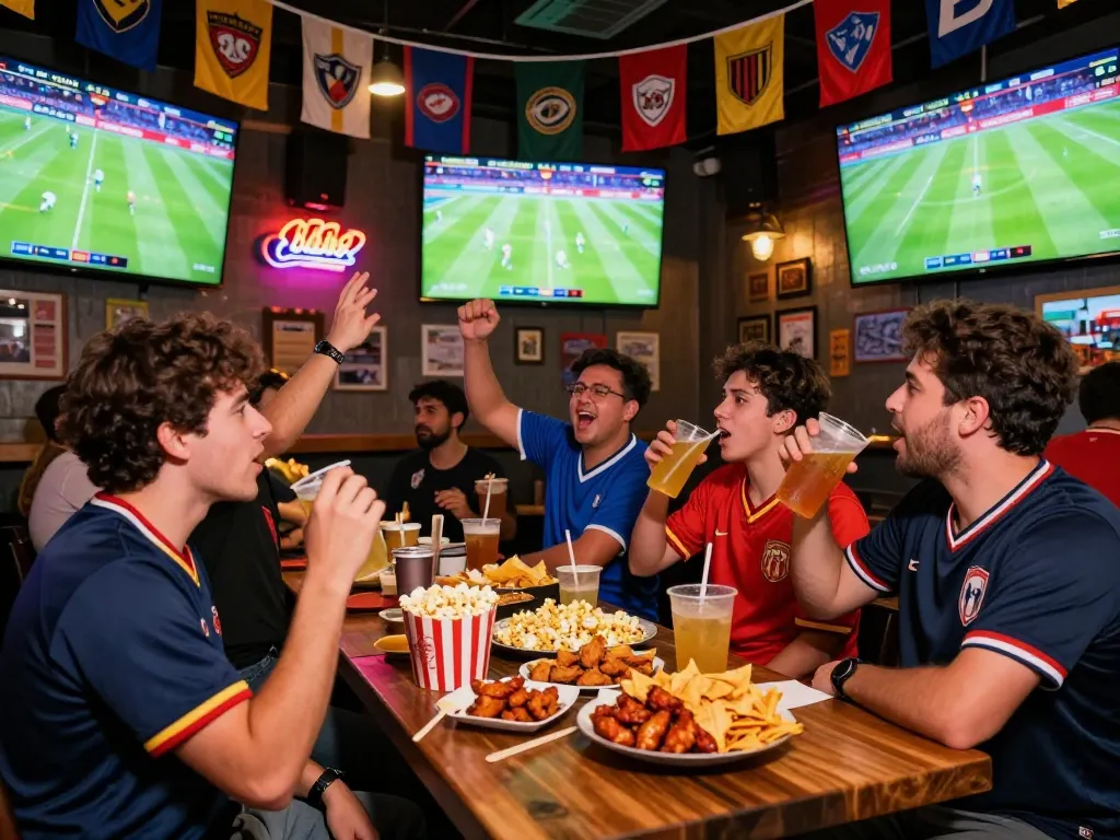 Cakhia football fans enjoying dynamic match night at a lively sports bar.