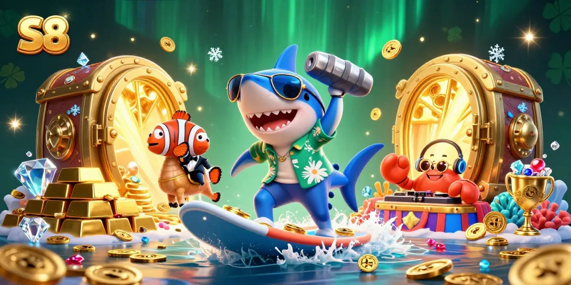 Surfing the wave of gold coins at S8 casino, a shark and friends create an exciting atmosphere.