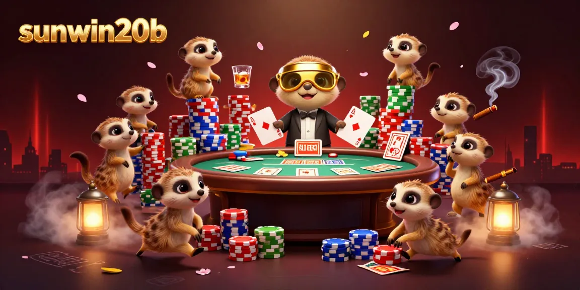 The meerkats of sunwin20b orchestrate a vibrant casino scene with poker elements and engaging activities.