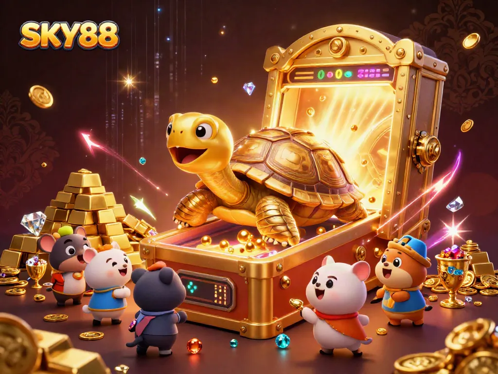 SKY88 showcases exciting gaming with gold treasures and dynamic characters for casino enthusiasts.