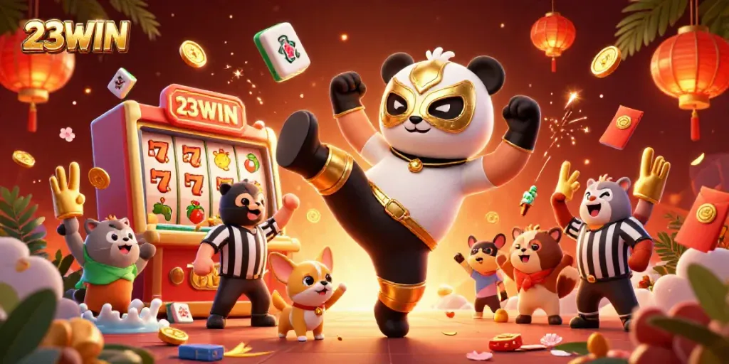 Engage in thrilling gaming with 23WIN as a panda wrestler delivers an epic flying kick surrounded by casino symbols.