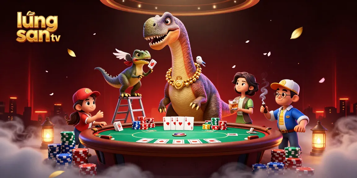Experience lương sơn tv as a playful dinosaur towers over a vibrant casino scene, amidst thrilling poker action.