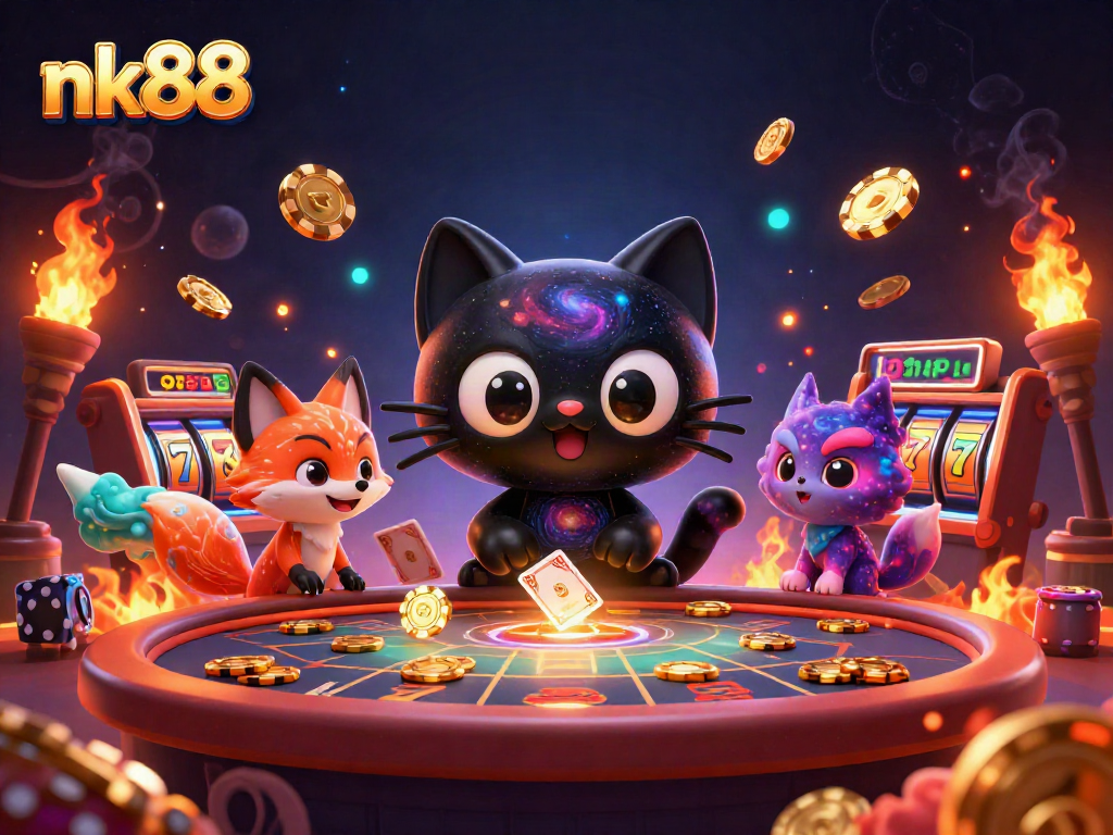 Spin the reels at nk88 with a cosmic black hole cat and enchanted fox in a dazzling casino.