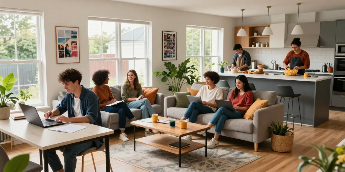 Students enjoying modern student housing Northampton, studying and socializing in a cozy, well-furnished living space.