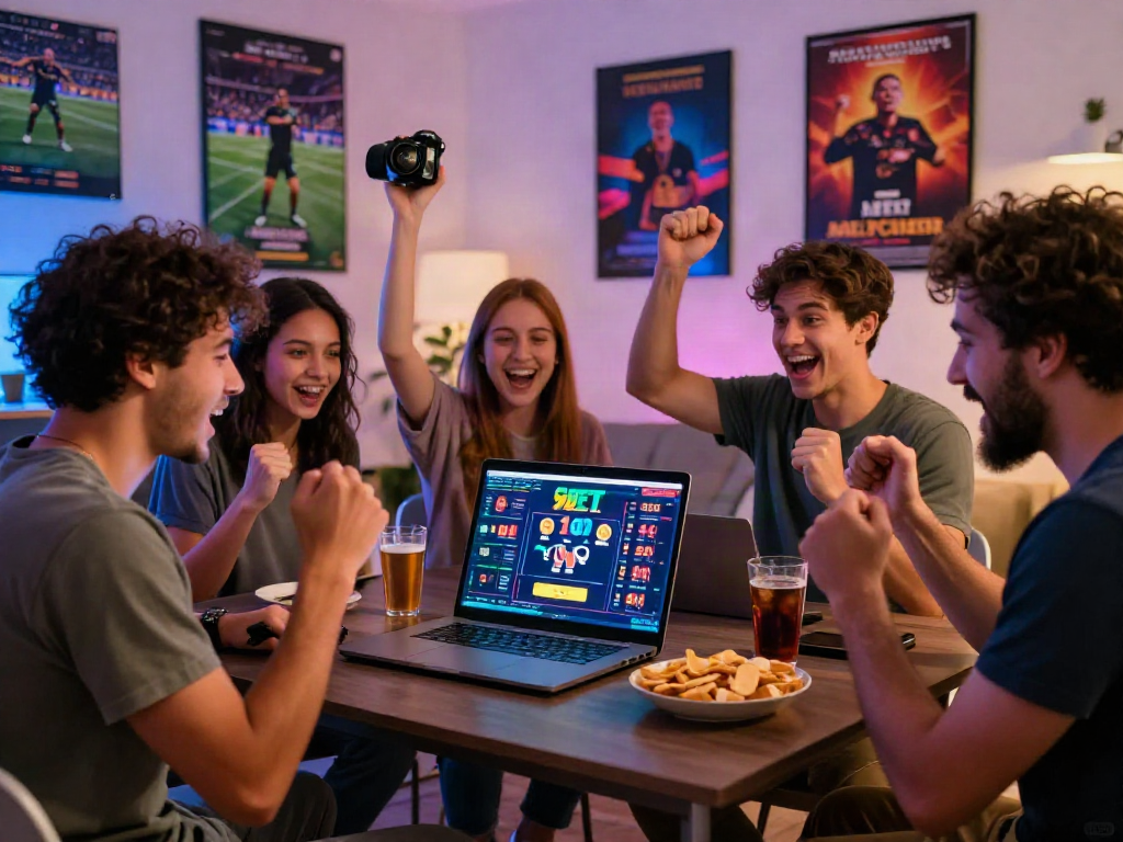 Friends enjoying online gambling at https://9bet.ru.com/ in a lively living room.