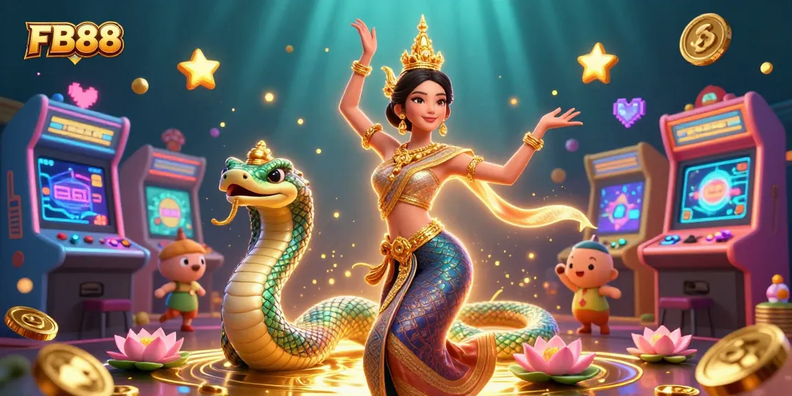 Engage with the colorful world of FB88 through a vibrant 3D illustration featuring Thai culture and gaming.