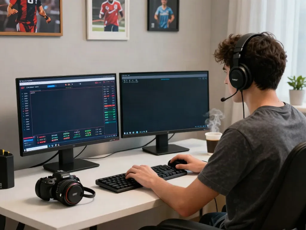 Person actively betting on 8kbet in a modern home office, immersed in excitement.