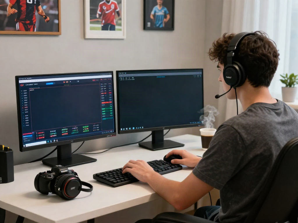 Person actively betting on 8kbet in a modern home office, immersed in excitement.
