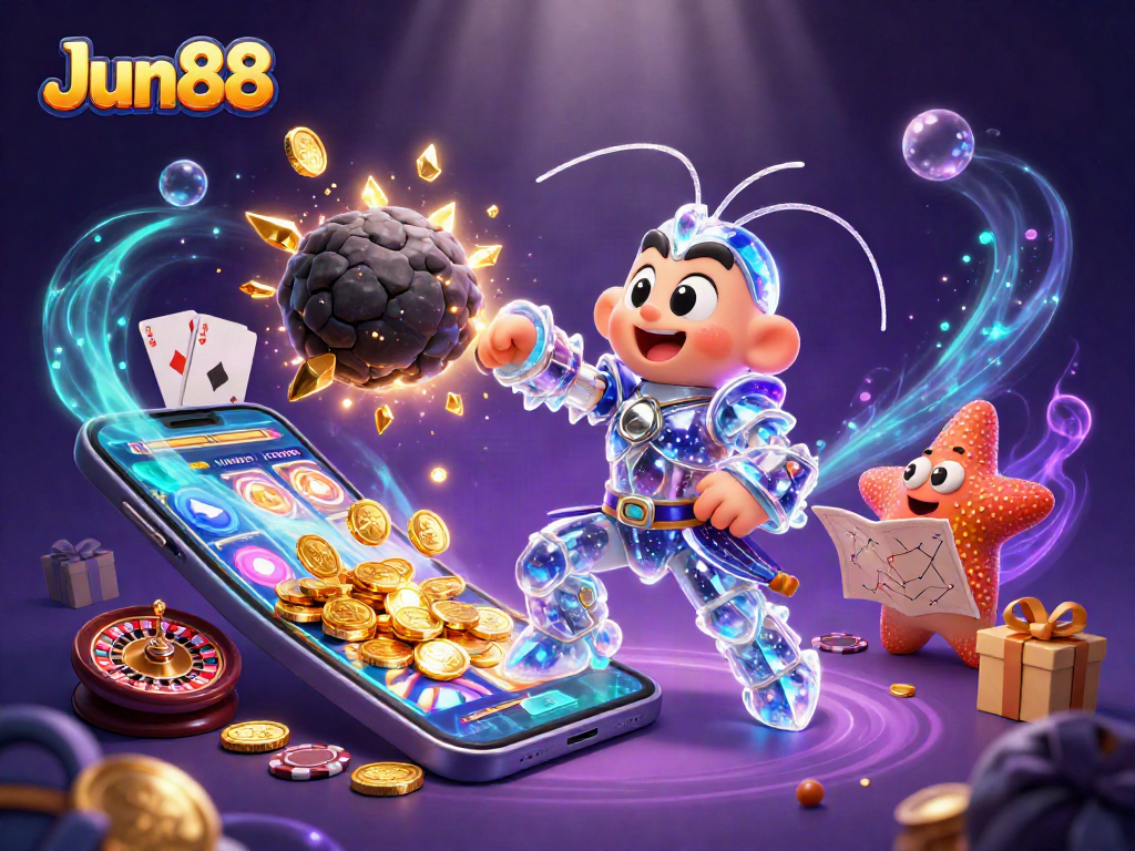 Experience thrilling wins at Jun88 with a vibrant 3D casino scene bursting with action.