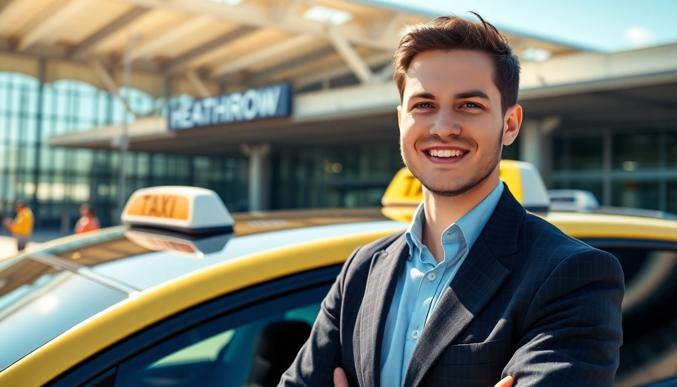 Taxi service driver at Heathrow airport offering reliable transportation options.
