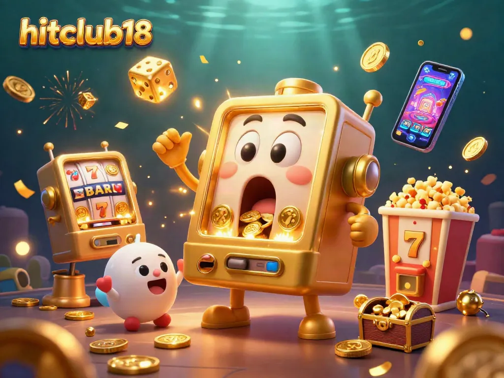 Hitclub18's golden slot machine celebrates its jackpot win surrounded by cheering companions in a vibrant casino scene.
