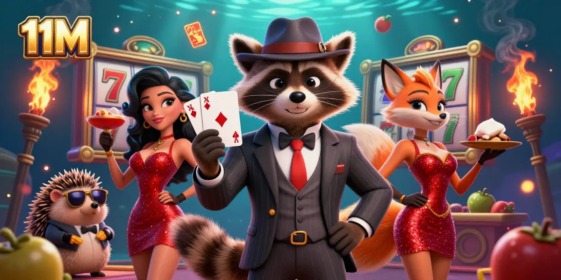 Experience winning excitement with 11M as raccoon and fox celebrate at a vibrant slot game scene.