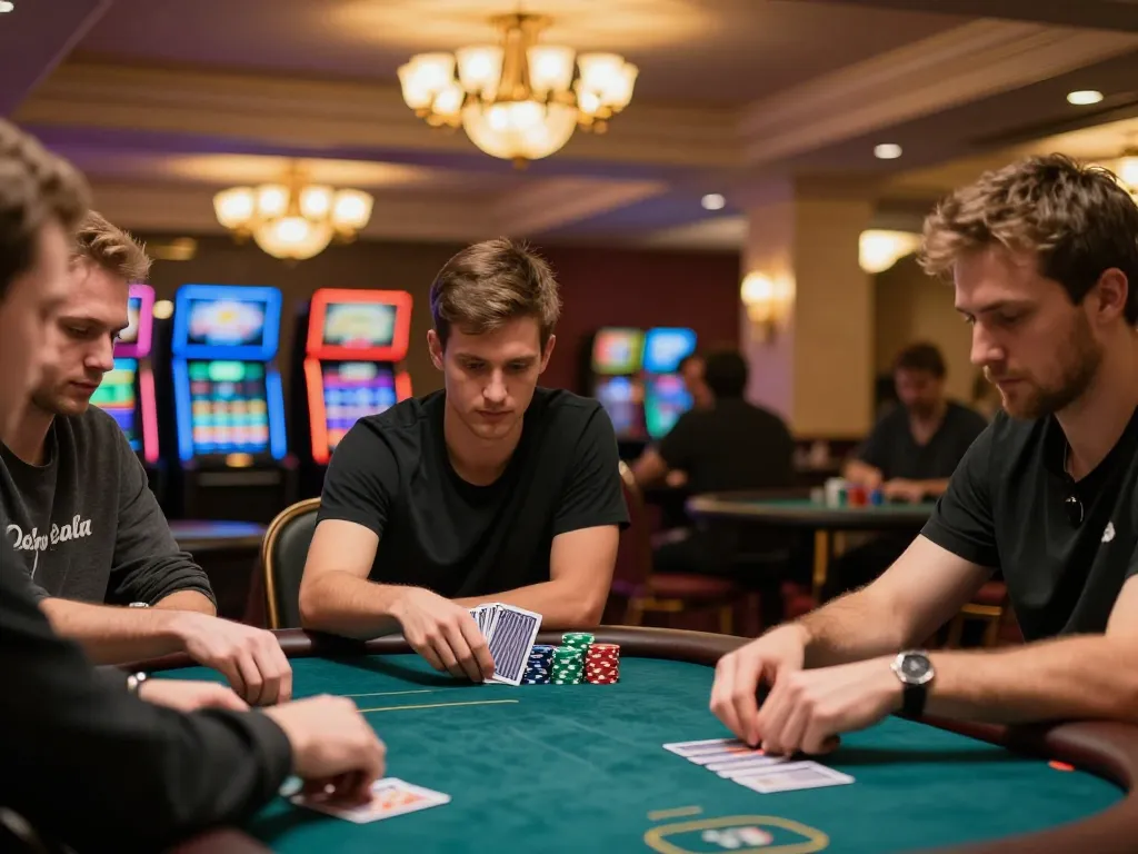 E2bet players concentrating intently on their poker hands, immersed in a lively casino atmosphere.
