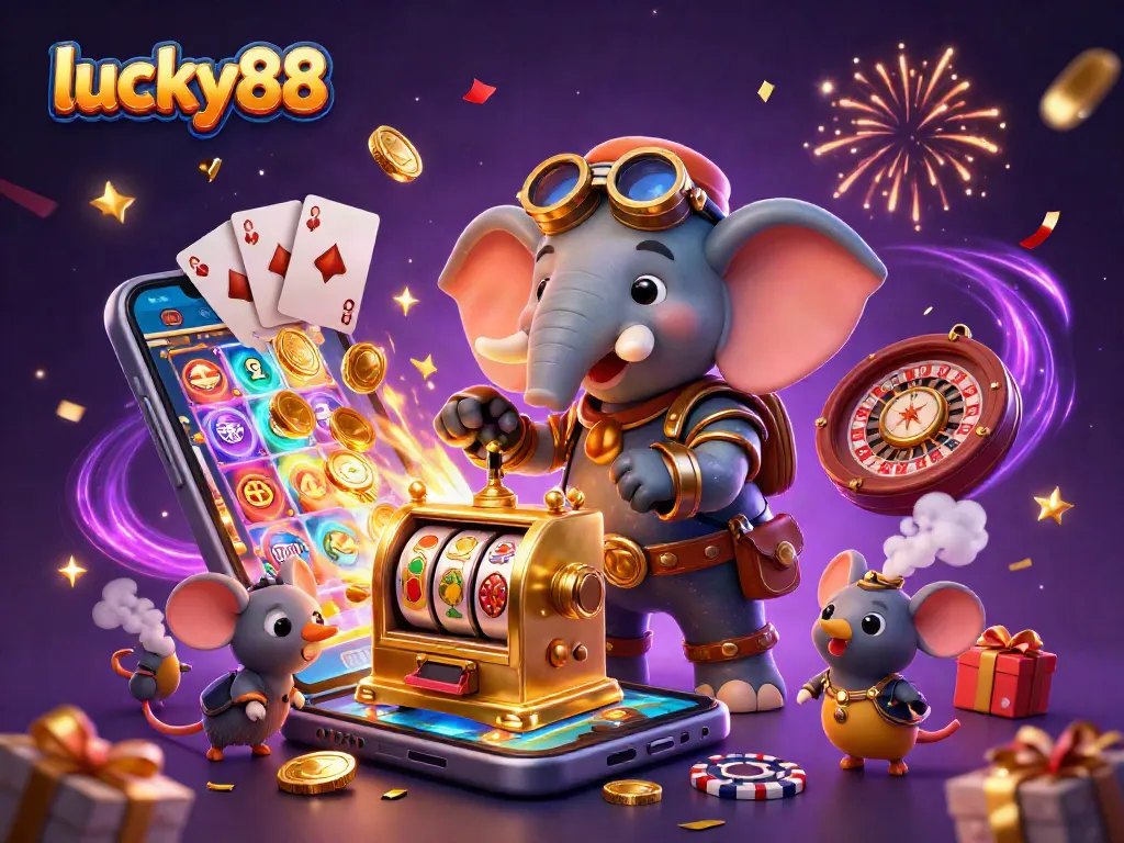 Engage in thrilling gaming action with lucky88 as a steampunk elephant operates a golden slot machine