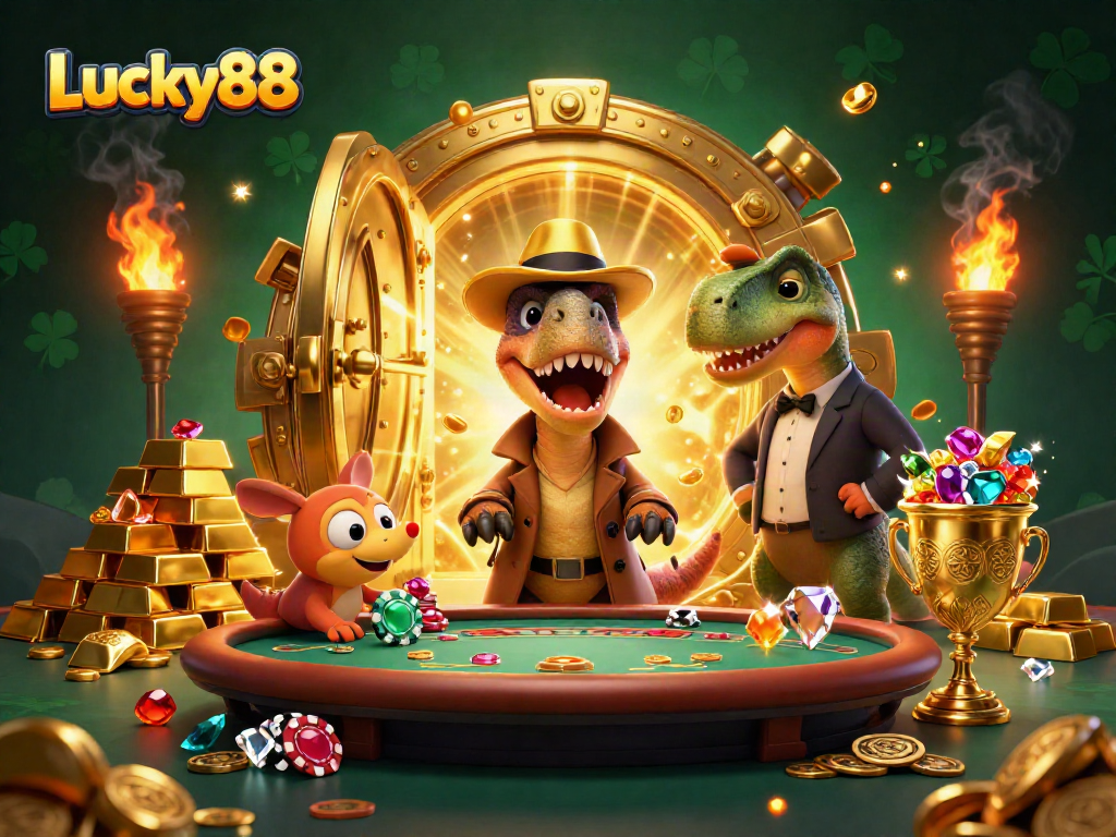 Surprise at the Blackjack table with Lucky88: Velociraptor card counter sneaks while the pit boss looks on.