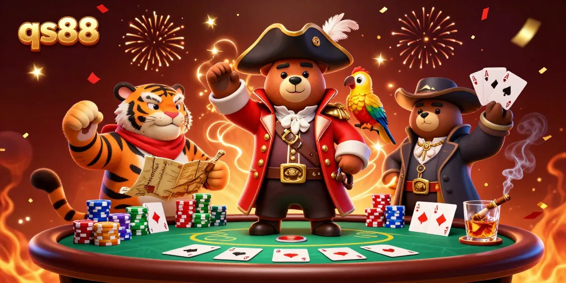 Experience thrilling poker action at qs88 with a pirate bear and tiger navigating the stakes.